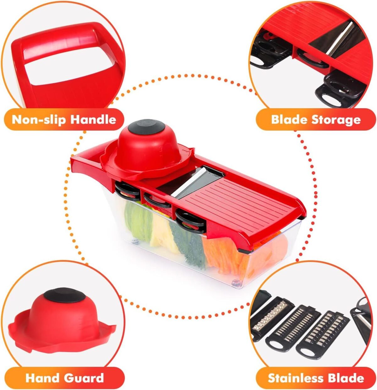 10 in 1 Multi-Function Vegetable and Fruit Chopper, Mandoline Slicer, Onion Potato Cheese Shredder, Salad Spiralizer Cutter, Veggie Grater Dicer Artifact with Vegetable Peeler,Hand Guard and Container - Image 6